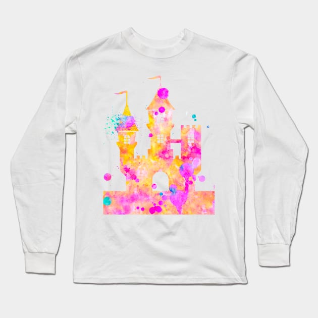 Princess Castle Watercolor Painting Pink Yellow Orange Long Sleeve T-Shirt by Miao Miao Design